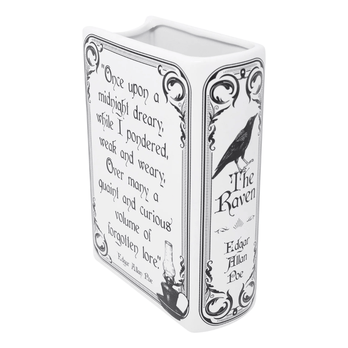 Ceramic book vase featuring a quote from The Raven by Edgar Allan Poe
