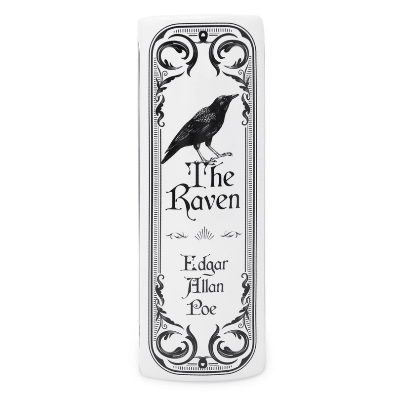 Side view of The Raven book vase showing the book spine design
