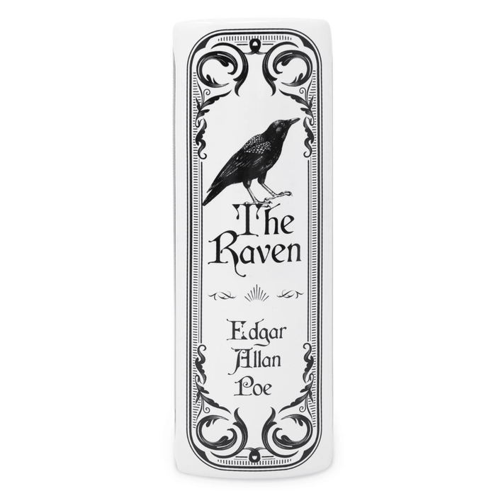 Side view of The Raven book vase showing the book spine design
