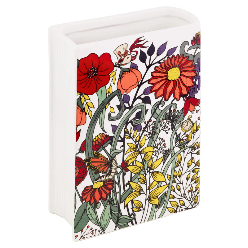 Back of Through the Looking-Glass book vase with illustrated quote panel