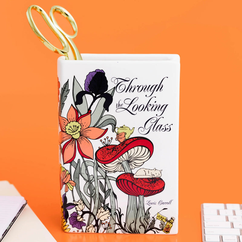 Large Through the Looking-Glass ceramic book vase for flowers or pens