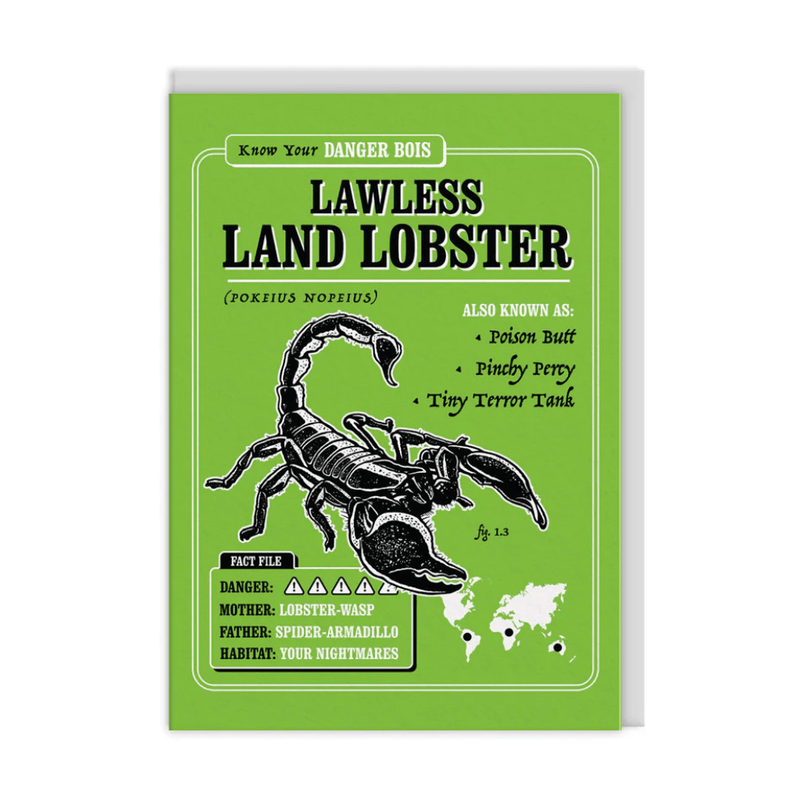 Funny Lawless Land Lobster greeting card with black scorpion illustration on bright green background parody danger facts
