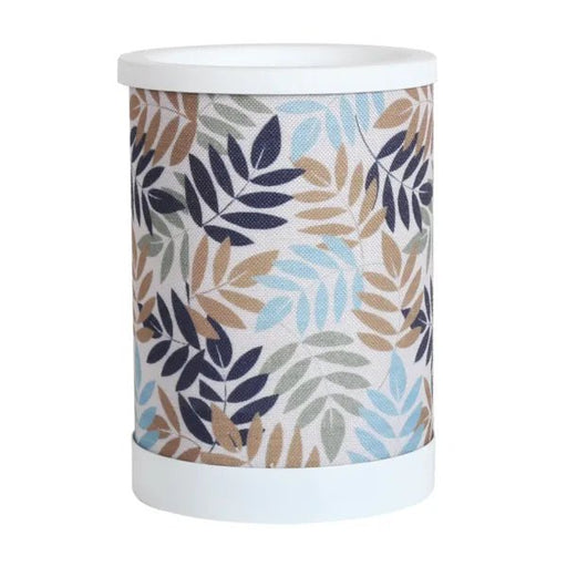 Leaves design electric wax melt burner with a blue, beige and navy leaf pattern and white top and base.