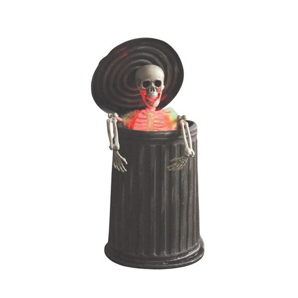 LED animated skeleton popping from bin, 30cm, motion & sound

