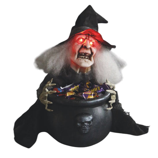 LED animated witch holding cauldron treat bowl with red glowing eyes, 38cm.


