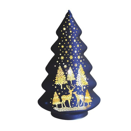 Blue glass LED Christmas tree 19cm with gold deer silhouette

