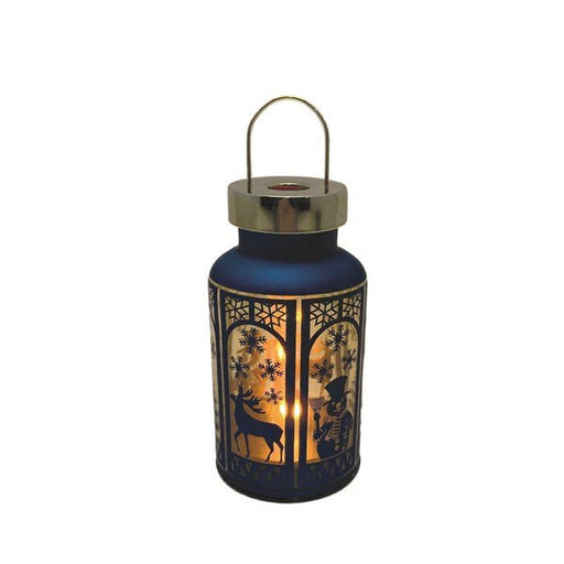 Deep blue 20cm LED lantern with gold accents and flame-effect light