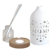 Reed diffuser set components showing the ceramic Best Mum cover, wooden LED base, bottle and reed sticks.