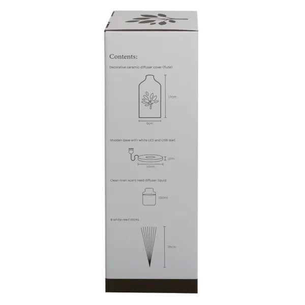 Side of the box showing the contents list and measurements for the diffuser set.