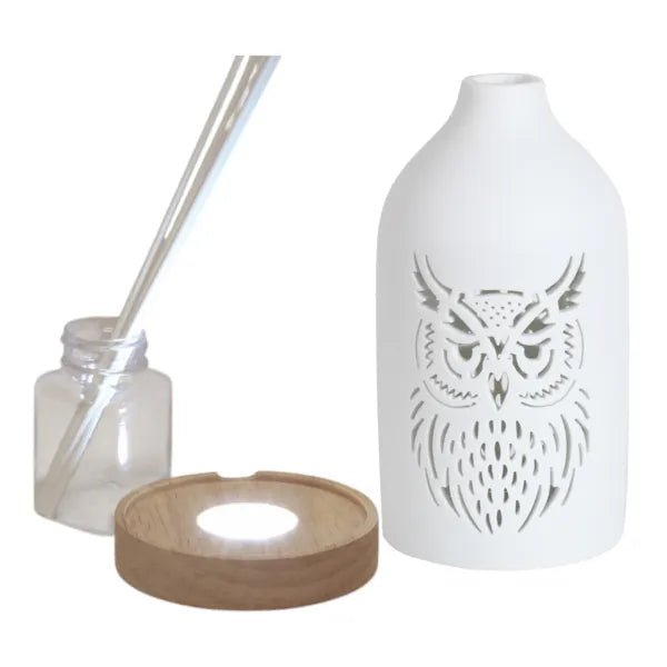 Reed diffuser set components showing the ceramic owl cover, wooden LED base, bottle and reed sticks.