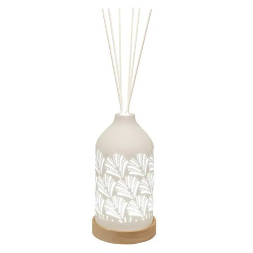 LED ceramic reed diffuser fan design lit with Clean Linen fragrance and reeds

