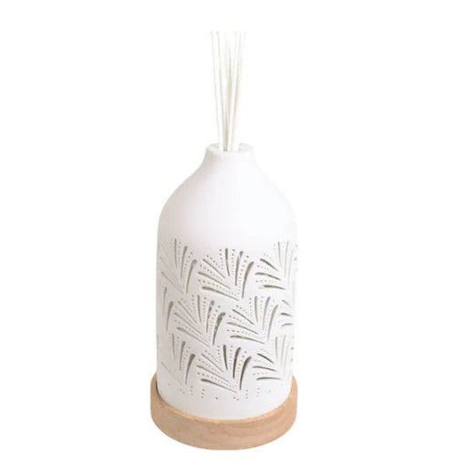 Unlit LED ceramic reed diffuser with fan design on wood base

