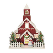 LED Christmas Church – Red Wooden Light - Up