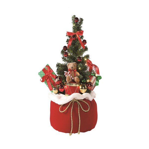 63cm LED Christmas tree in a red Santa sack with baubles, gifts and teddy on a drum, white background.