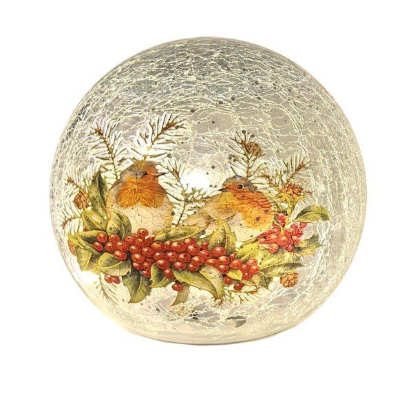 12cm LED crackle glass ball with robin and berries motif


