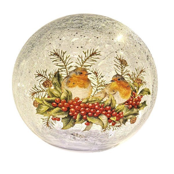 15cm LED crackle glass ball with robin and berries motif

