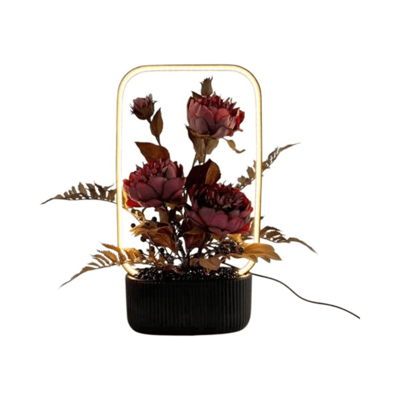 Front view of a 20 x 37cm LED floral frame lamp with purple blooms and black base on a white background.