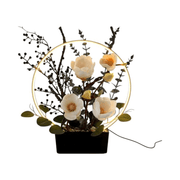 Front view of a 30 x 35cm LED floral lamp with warm halo ring and black base, mains operated.