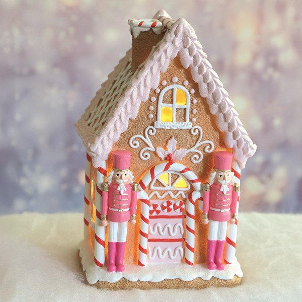 LED Pink Gingerbread House with Nutcrackers