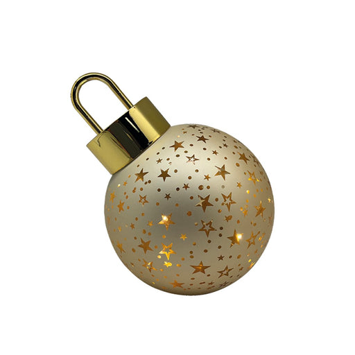 Gold LED bauble with star cut-outs, 12cm decorative Christmas ornament.

