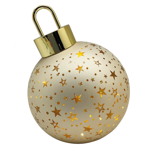 Gold 15cm LED bauble with star cut-outs, freestanding Christmas ornament.

