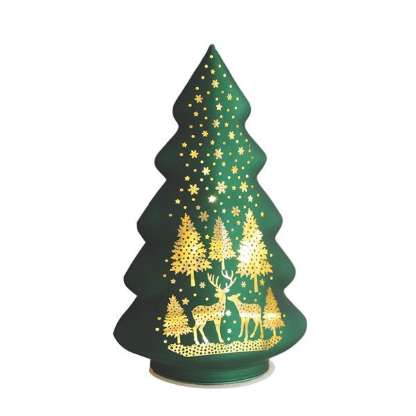 Green glass LED Christmas tree 19cm with gold deer silhouette

