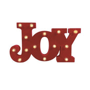 Red LED JOY marquee sign, 30x17cm, with warm white bulbs on a white background.
