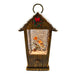 LED house lantern with two robins and swirling glitter snow, 25.5cm.

