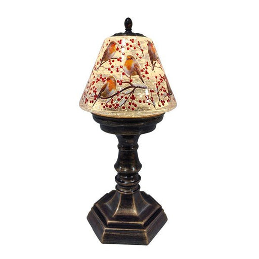 32cm LED robin lamp water spinner with red berries and antique pedestal base, warm glow on white background.
