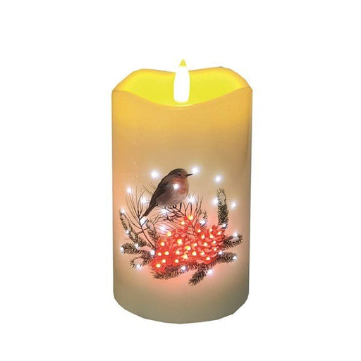 LED pillar candle with robin and pine print, 7.5 x 12.5cm, warm flicker.

