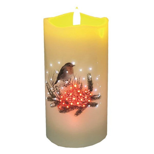 LED pillar candle with robin and pine print, 7.5 x 15cm, warm flicker.

