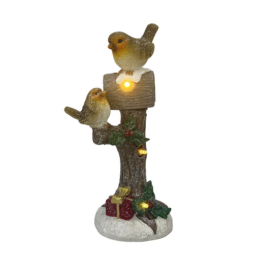 LED ornament with two robins on a snowy tree, holly and gifts, warm lights, 27cm.

