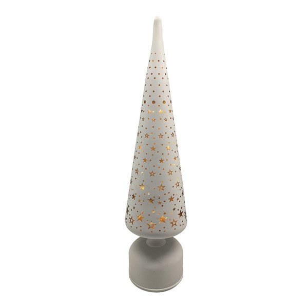 White 40cm LED rotating star cut-out tree light, freestanding.

