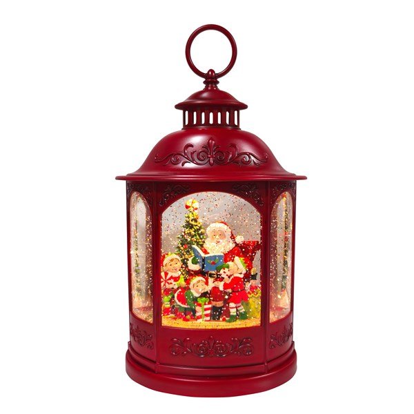 Red lantern LED water spinner with Father Christmas scene, 32.5cm, glitter swirl on white background.