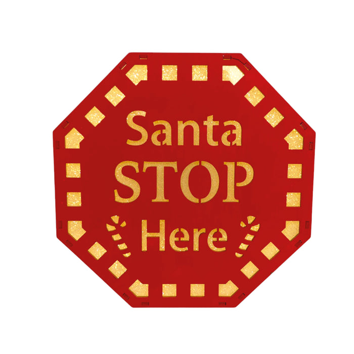 LED “Santa Stop Here” red octagon sign with warm glow, 22cm.

