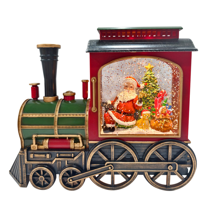 LED Santa train glitter spinner with snow effect, 25cm Christmas ornament.

