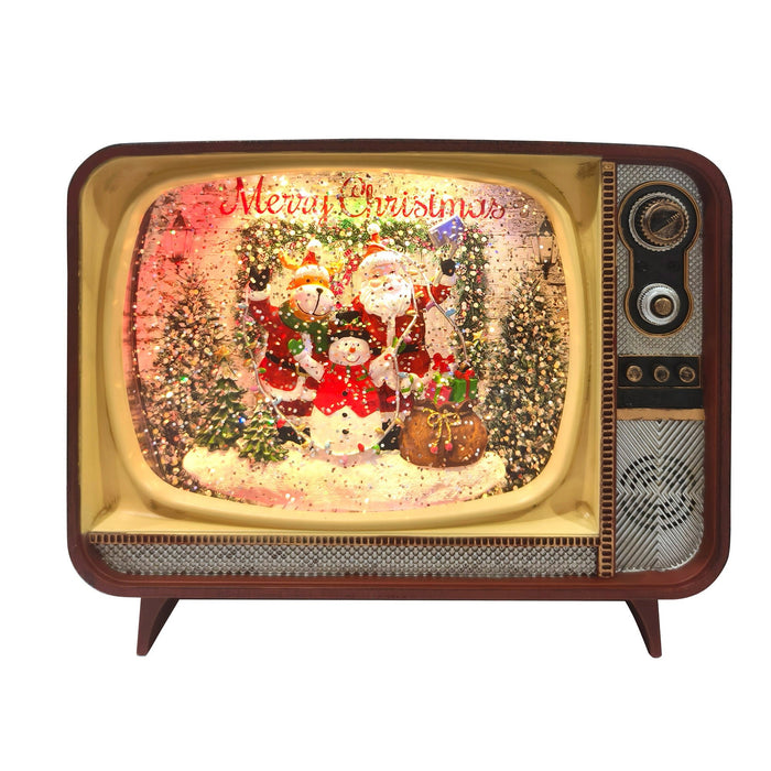 LED retro TV ornament with Santa scene and swirling glitter, 21cm.

