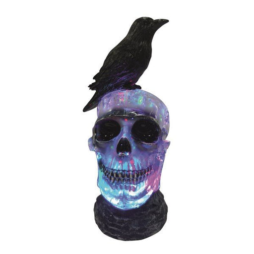 Front view of a 23.5cm skull-shaped LED water spinner with black crow, colour-changing glow, white background.