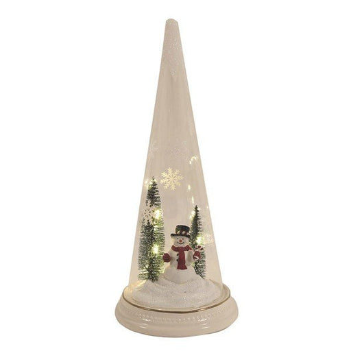 28cm LED glass tree decoration with lit snowman scene and snowflake details on a white background.