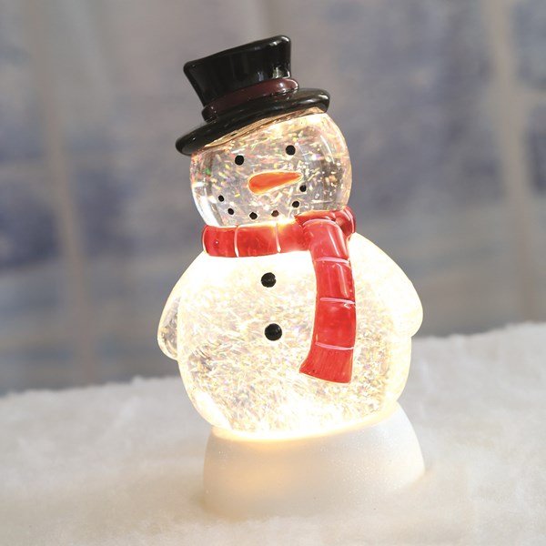 LED snowman glitter spinner glowing on a snowy display


