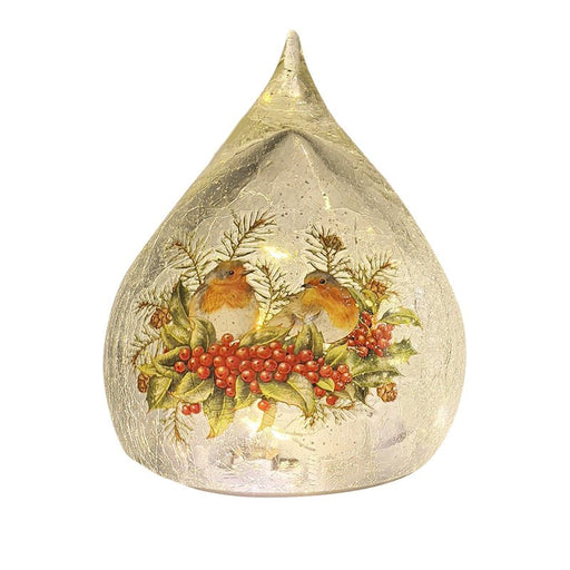 15cm LED teardrop glass ornament with robin and holly design, warm glow.

