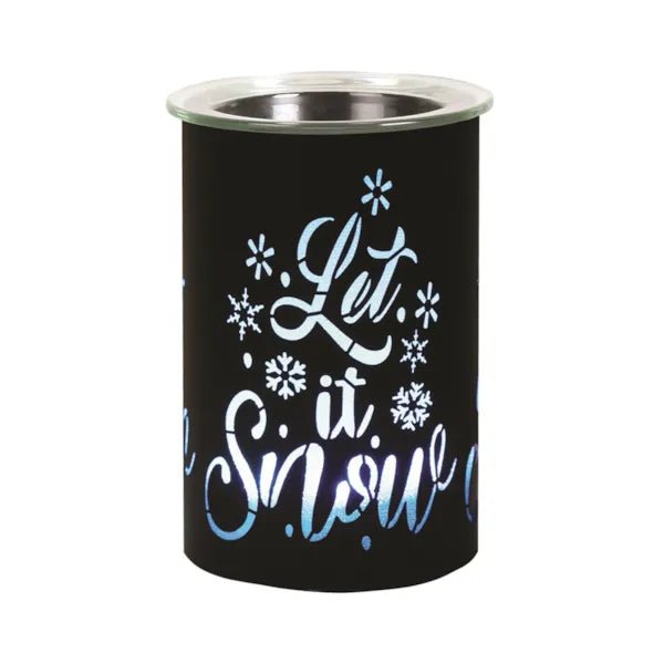Black Let It Snow LED wax melt burner with blue glow, 12cm