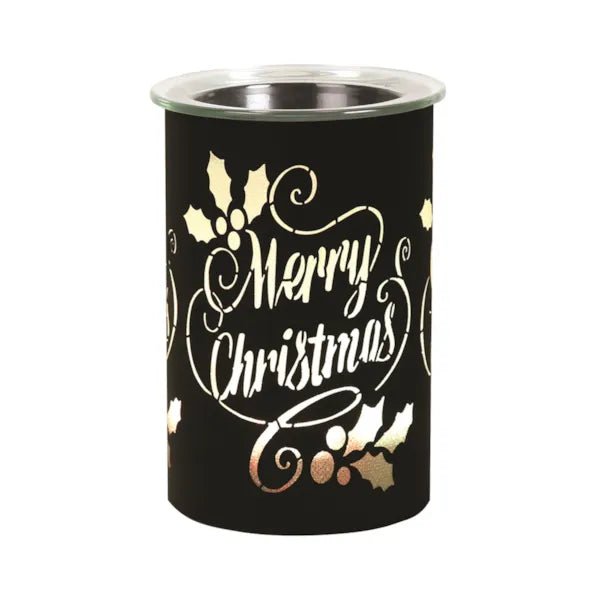 Black Merry Christmas LED wax melt burner with amber glow, 12cm