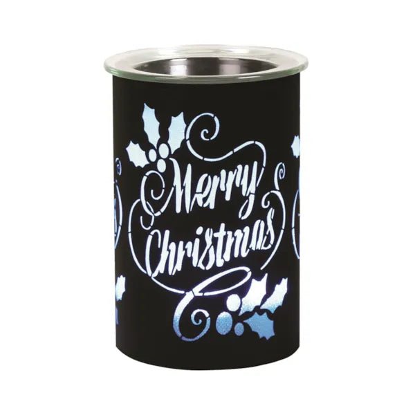 Black Merry Christmas LED wax melt burner with blue glow, 12cm