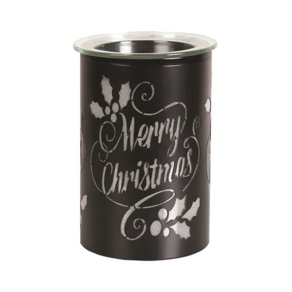 Black Merry Christmas LED wax melt burner, unlit 12cm