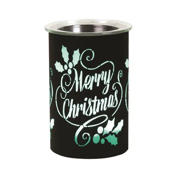 Black Merry Christmas LED wax melt burner with green glow, 12cm
