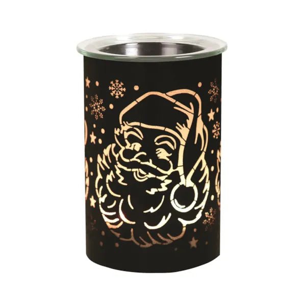 Black Santa silhouette LED wax melt burner with warm amber glow, 12cm