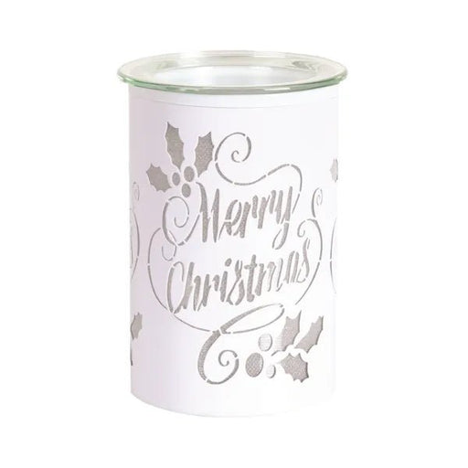 White Merry Christmas LED wax melt burner, unlit, 12cm