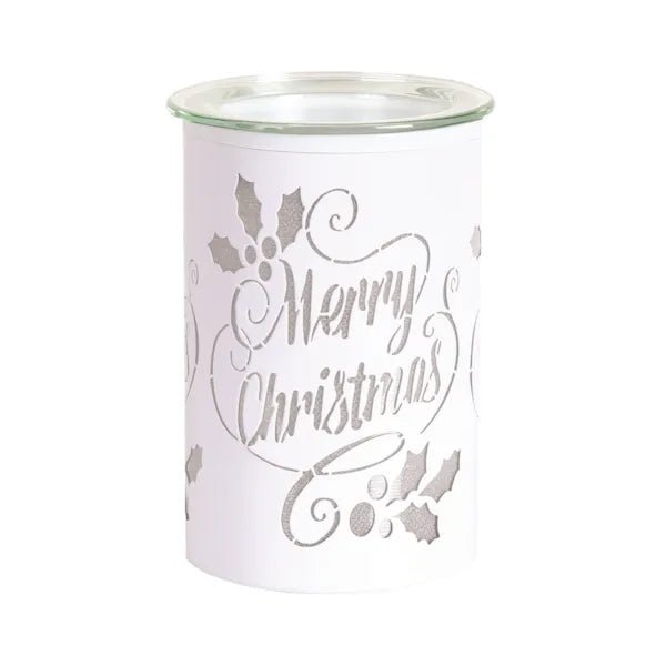 White Merry Christmas LED wax melt burner, unlit, 12cm