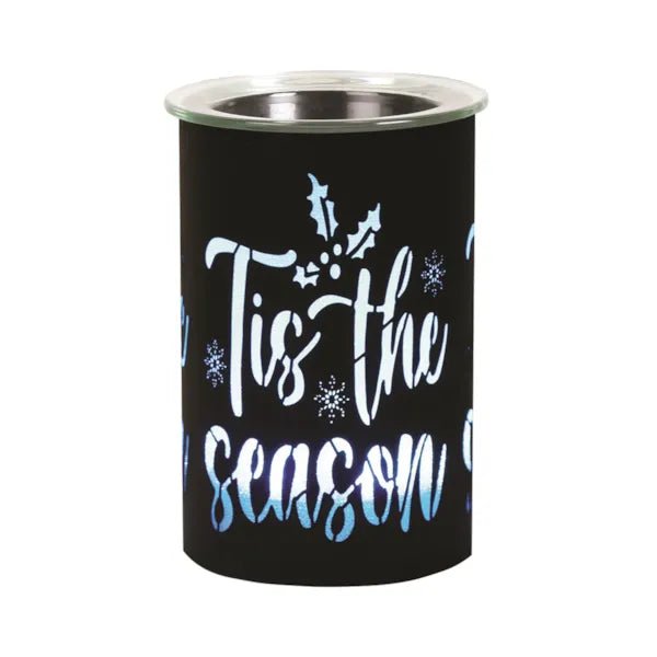 Black LED wax melter with cool blue glow and snowflake details
